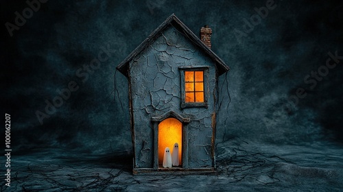 A mysterious, cracked house with glowing windows on a dark background. photo