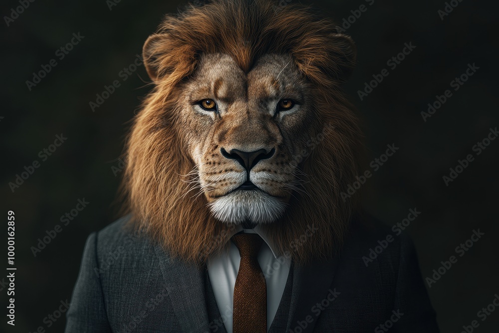 A majestic lion in a suit exudes power and charisma, blending nature with elegance in a unique portrait. A majestic lion in a suit exudes power and charisma, blending nature with elegance in a unique portrait.