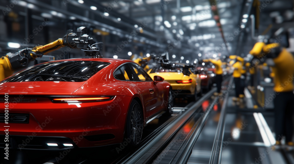 A bustling assembly line in a modern factory, with sleek new cars being carefully assembled by robotic arms and skilled workers under bright industrial lights. A bustling assembly line in a modern factory, with sleek new cars being carefully assembled by robotic arms and skilled workers under bright industrial lights.