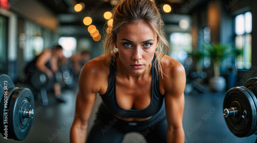 Fototapeta premium Determined female athlete lifting weights in gym, intense gaze focused on workout, muscular body in black sportswear, fitness dedication captured in modern facility