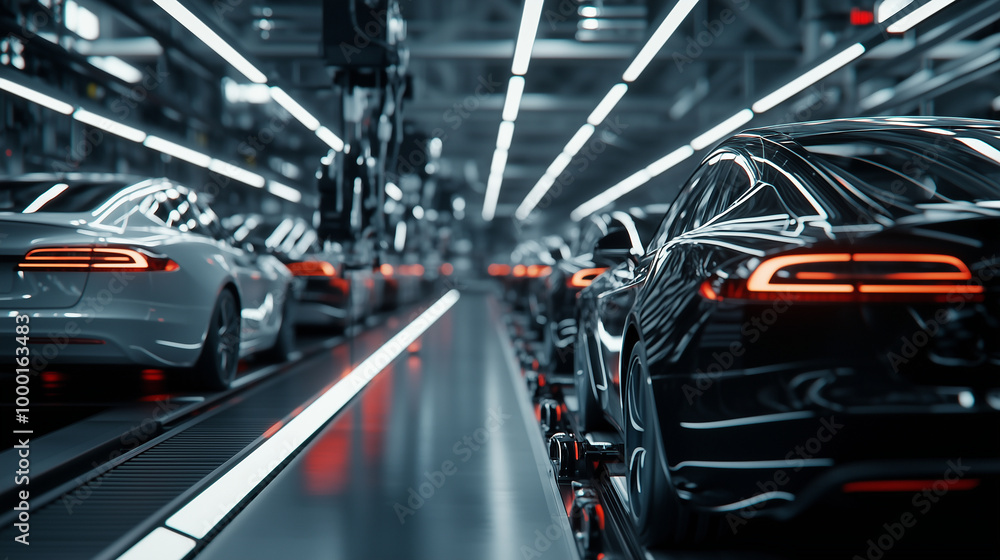 A streamlined assembly line with futuristic robotic arms working in perfect synchrony to install parts on a row of modern cars, the busy factory floor humming with activity. A streamlined assembly line with futuristic robotic arms working in perfect synchrony to install parts on a row of modern cars, the busy factory floor humming with activity.