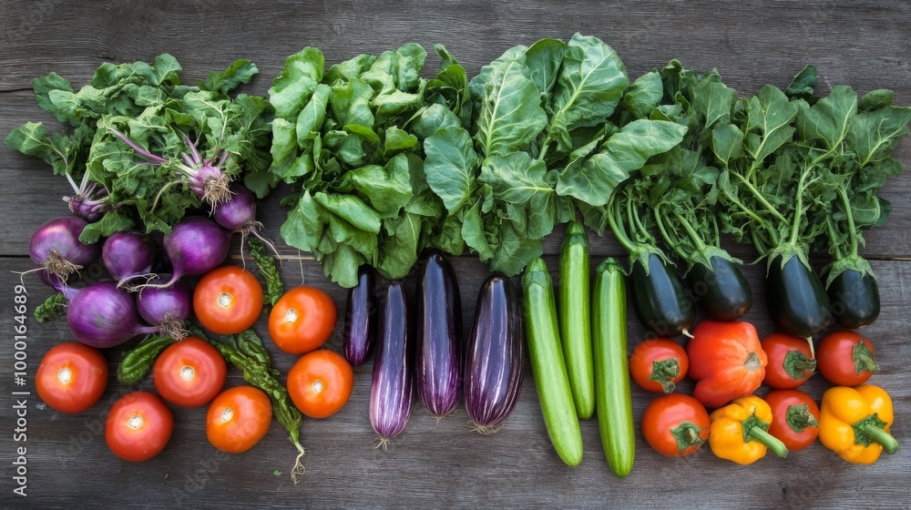 A creative flat lay of freshly harvested vegetables arranged artfully on a rustic wooden table, showcasing the variety and abundance of a home vegetable garden.