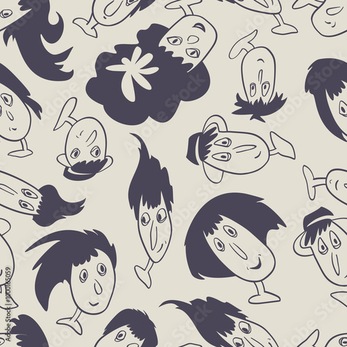 Seamless background with funny faces of anthropomorphic creatures. Humorous characters with different emotions