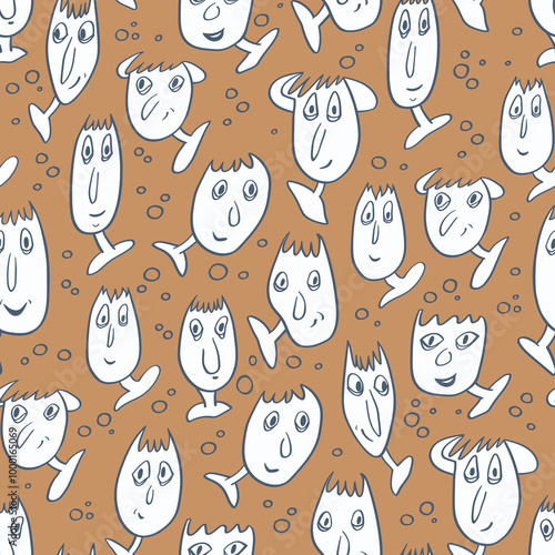 Seamless background with funny faces of anthropomorphic creatures. Humorous characters with different emotions