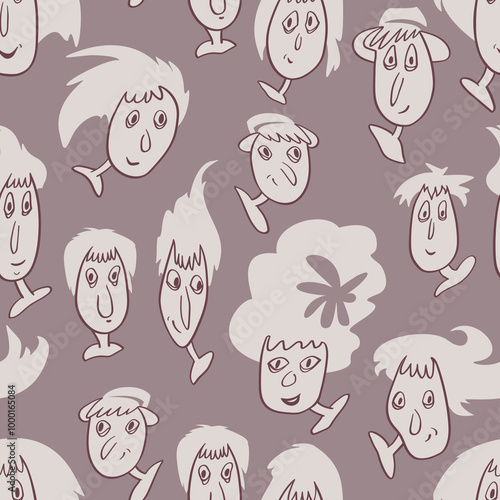 Seamless background with funny faces of anthropomorphic creatures. Humorous characters with different emotions