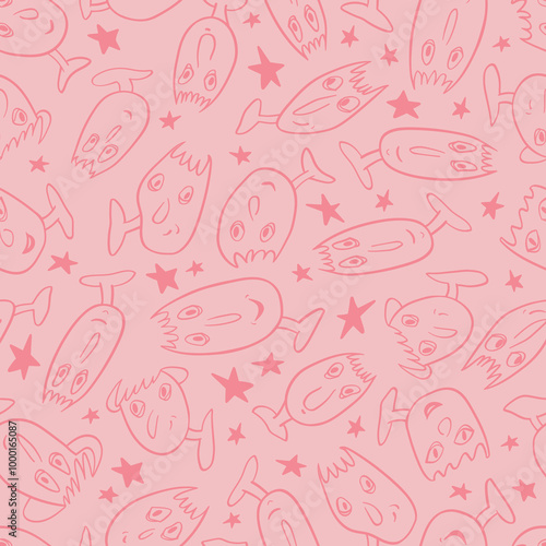 Seamless background with funny faces of anthropomorphic creatures. Humorous characters with different emotions