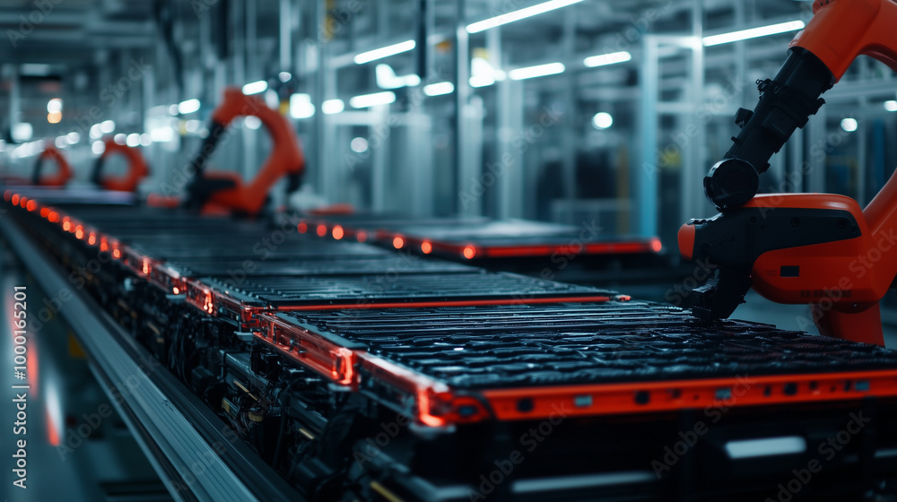 A high-tech mass production line where layers of EV battery cells are compressed and assembled, with automated arms securing each part with mechanical precision. A high-tech mass production line where layers of EV battery cells are compressed and assembled, with automated arms securing each part with mechanical precision.
