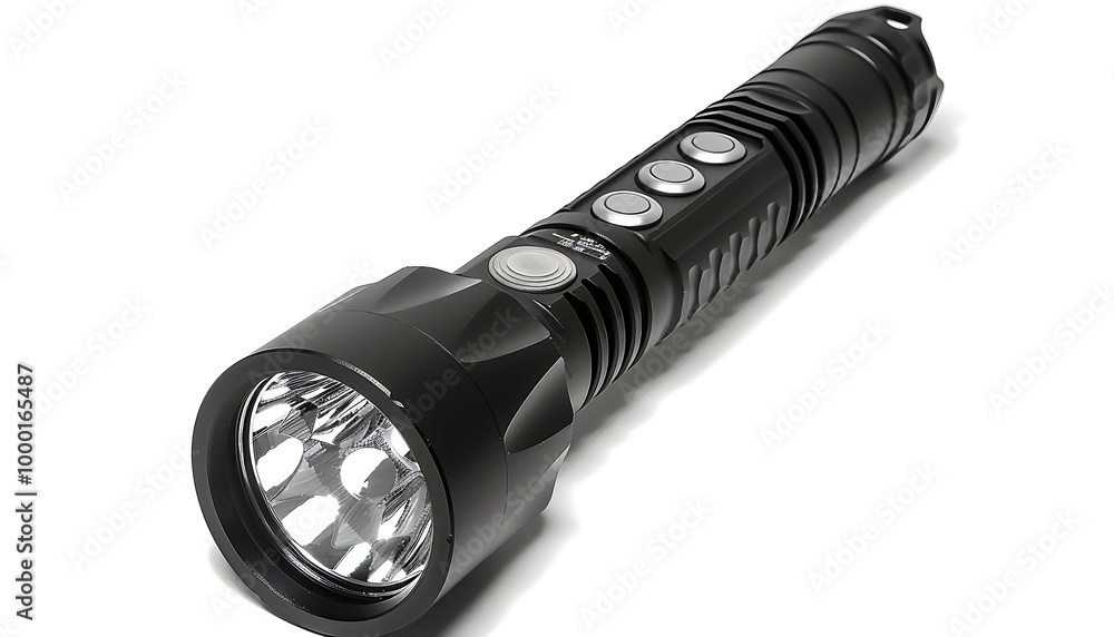 Black flashlight on a white background, close-up, top view Black flashlight on a white background, close-up, top view