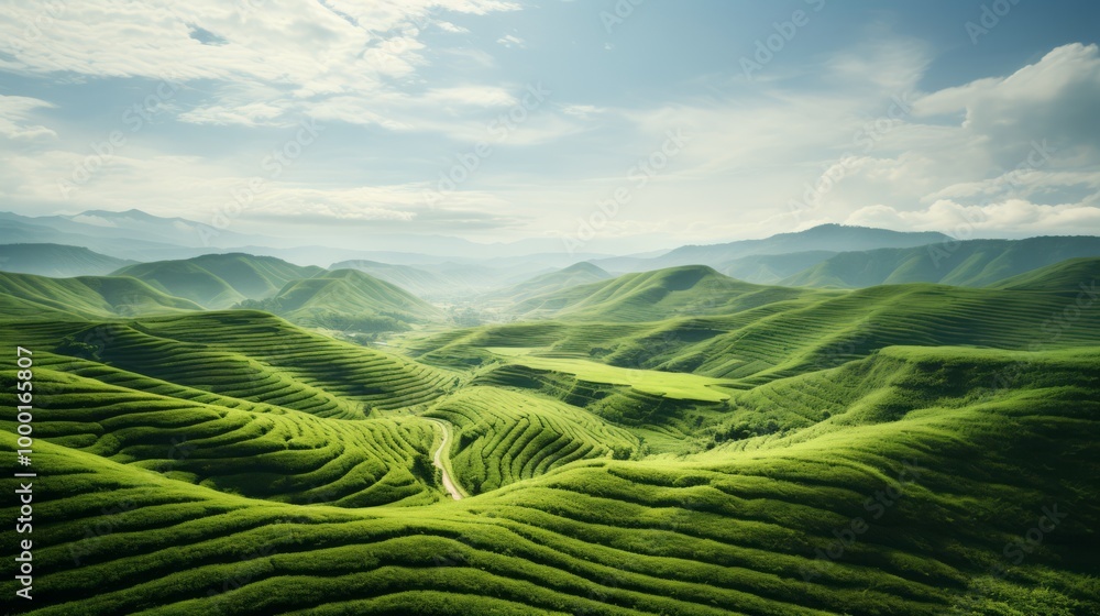 Green tea mountain at sunset, tea plantation natural background. Neural network ai generated art Green tea mountain at sunset, tea plantation natural background. Neural network ai generated art