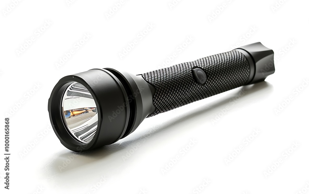 Black flashlight on a white background, close-up, top view Black flashlight on a white background, close-up, top view