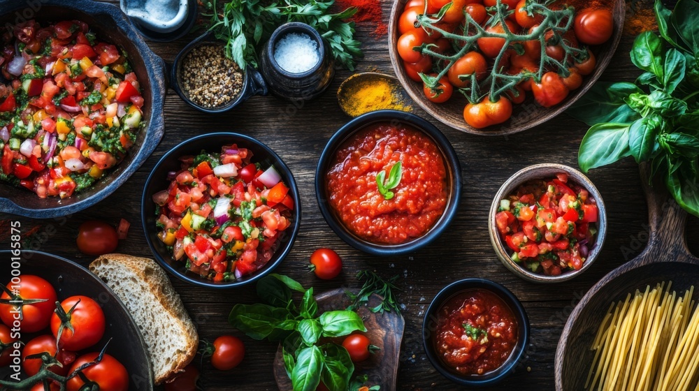 A creative flat lay of tomato-based dishes, such as salsa, pasta sauce, and a fresh tomato salad, arranged on a wooden table to showcase culinary uses. A creative flat lay of tomato-based dishes, such as salsa, pasta sauce, and a fresh tomato salad, arranged on a wooden table to showcase culinary uses.