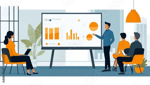 Coach speaking before audience, Employees meeting at business training, minimalist style illustration of a business meeting presentation photo