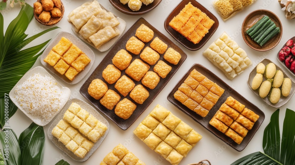 A creative flat lay of traditional Thai sweets, including crispy rice cakes and sweet mung bean cakes, arranged attractively on a white surface to capture their variety. A creative flat lay of traditional Thai sweets, including crispy rice cakes and sweet mung bean cakes, arranged attractively on a white surface to capture their variety.