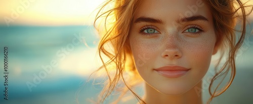 serene beach portrait of content 30yearold woman golden hour lighting soft waves windswept hair natural beauty photo