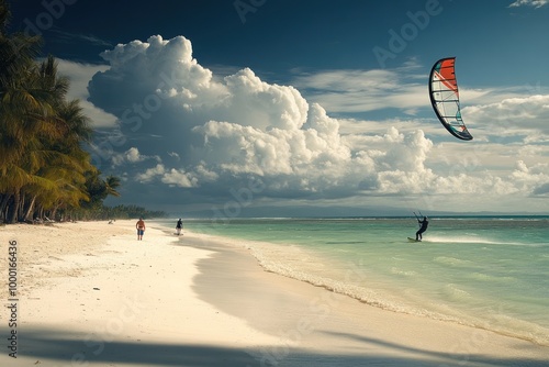 A kitesurfer on a turquoise ocean with a palm tree-lined beach