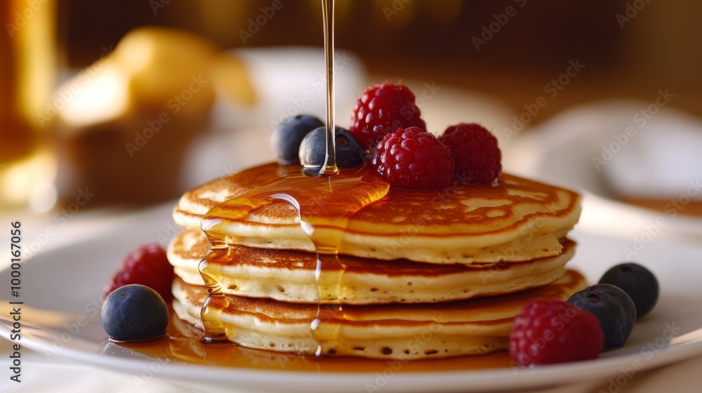 A creative representation of condensed milk being poured over a stack of pancakes, with syrup and berries in the background, emphasizing a delicious breakfast moment. A creative representation of condensed milk being poured over a stack of pancakes, with syrup and berries in the background, emphasizing a delicious breakfast moment.