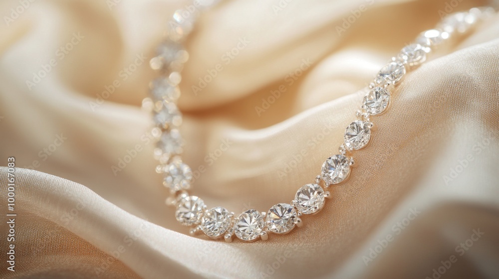 A creative shot of a diamond necklace draped over a delicate fabric, with a focus on the sparkling gems reflecting light, creating a luxurious and elegant atmosphere. A creative shot of a diamond necklace draped over a delicate fabric, with a focus on the sparkling gems reflecting light, creating a luxurious and elegant atmosphere.