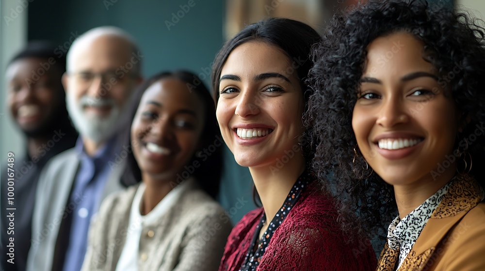 Diverse and inclusive group of office colleagues smiling at a team building workshop event, workplace race inclusion and diversity concept Diverse and inclusive group of office colleagues smiling at a team building workshop event, workplace race inclusion and diversity concept