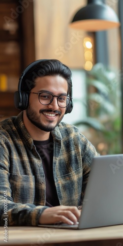 A man wearing glasses and headphones is smiling while using a laptop. He is sitting at a table with a potted plant in the background