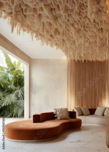 Modern luxury hotel lobby in Bali, with a large wooden ceiling and wall panels made of hanging wood chips that form an abstract pattern. 3d render.