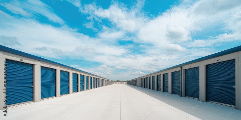 Fototapeta premium A long row of storage units with blue roll up doors, aligned symmetrically along a clean concrete path, under a vast sky with scattered clouds.