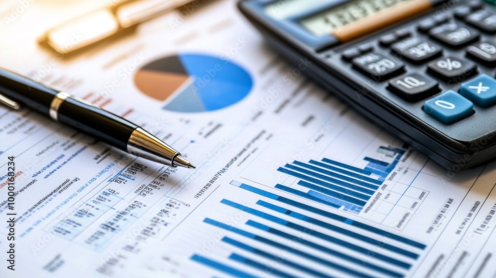 A detailed shot of a printed financial report with various charts and graphs, with a pen and calculator beside it, emphasizing the analysis and planning process. A detailed shot of a printed financial report with various charts and graphs, with a pen and calculator beside it, emphasizing the analysis and planning process.