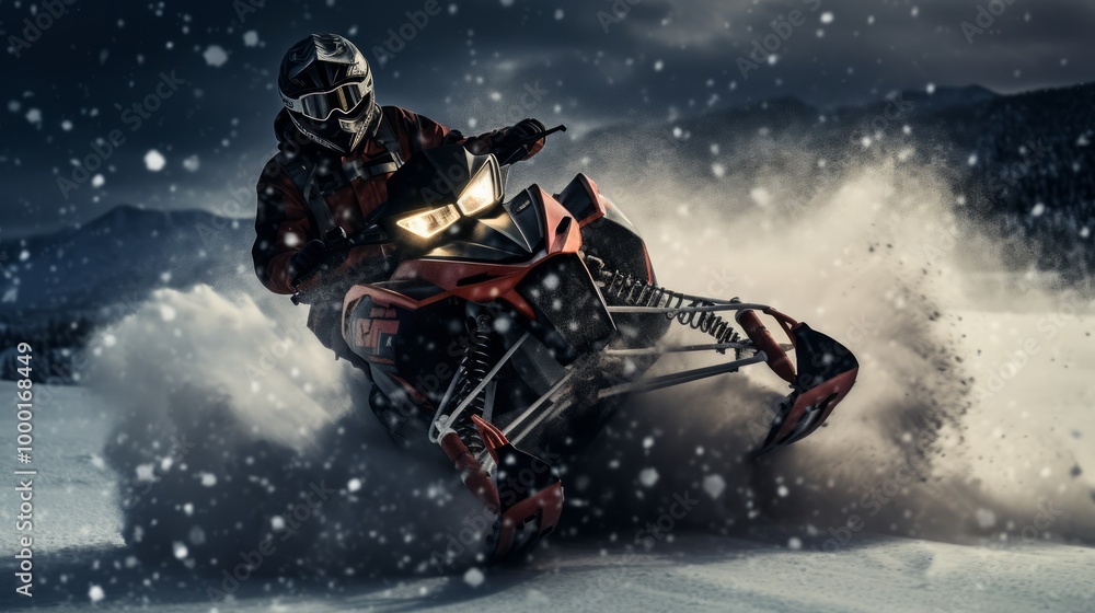 Snowmobile riding with fun in deep snow powder during backcountry tour. Neural network ai generated art Snowmobile riding with fun in deep snow powder during backcountry tour. Neural network ai generated art
