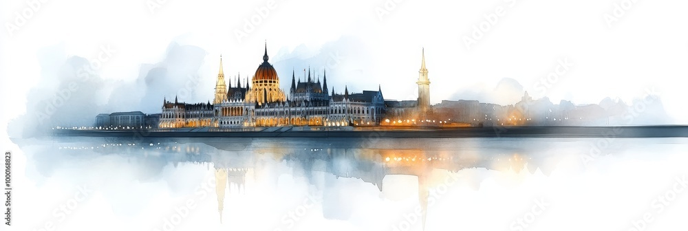 Obraz premium A picturesque watercolor illustration of the Hungarian Parliament Building in Budapest, showcasing its grandeur, architecture, and the serene Danube River reflecting the city lights.
