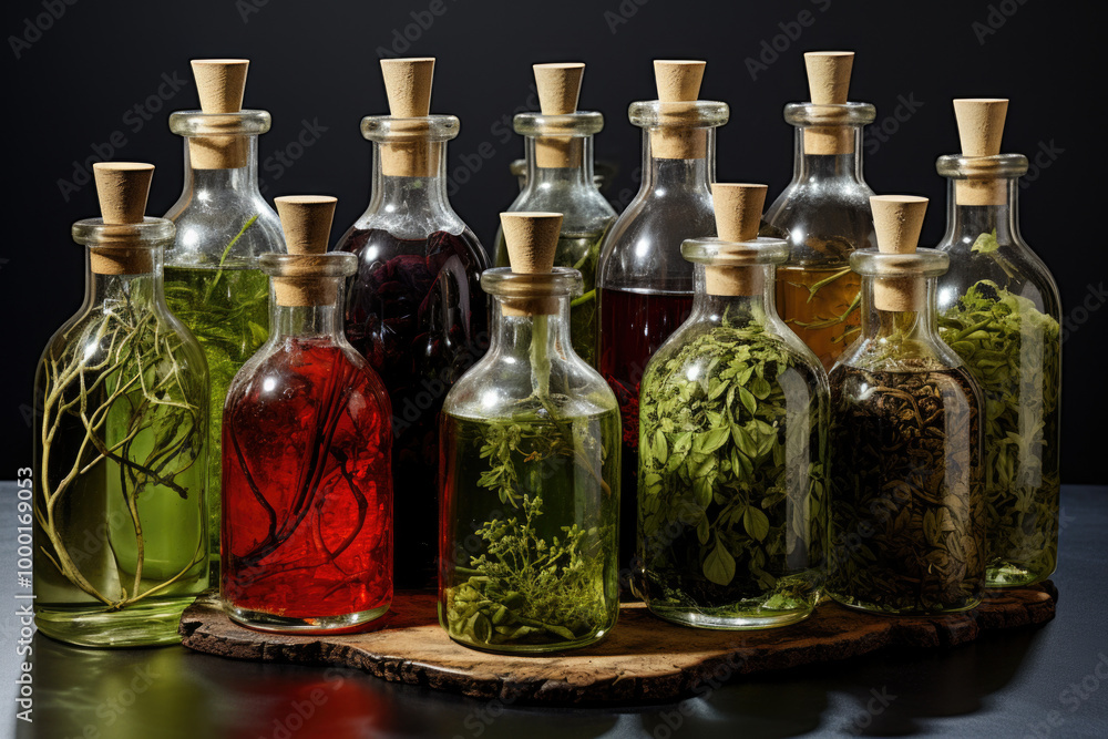 A collection of various bottles, each sealed with corks and containing a selection of liquids in different vibrant colors and shades A collection of various bottles, each sealed with corks and containing a selection of liquids in different vibrant colors and shades