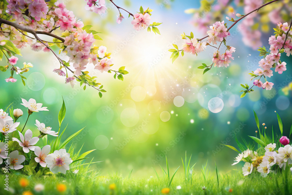 A vibrant spring morning in a blossoming garden with pink flowers and gentle sunlight filtering through lush greenery. Generative AI A vibrant spring morning in a blossoming garden with pink flowers and gentle sunlight filtering through lush greenery. Generative AI