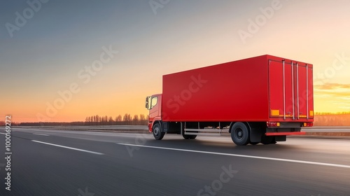 A red delivery truck speeds down a highway at sunset, showcasing the vibrant colors of the sky and the determination of modern transportation. This image represents speed, delivery, efficiency, logist photo