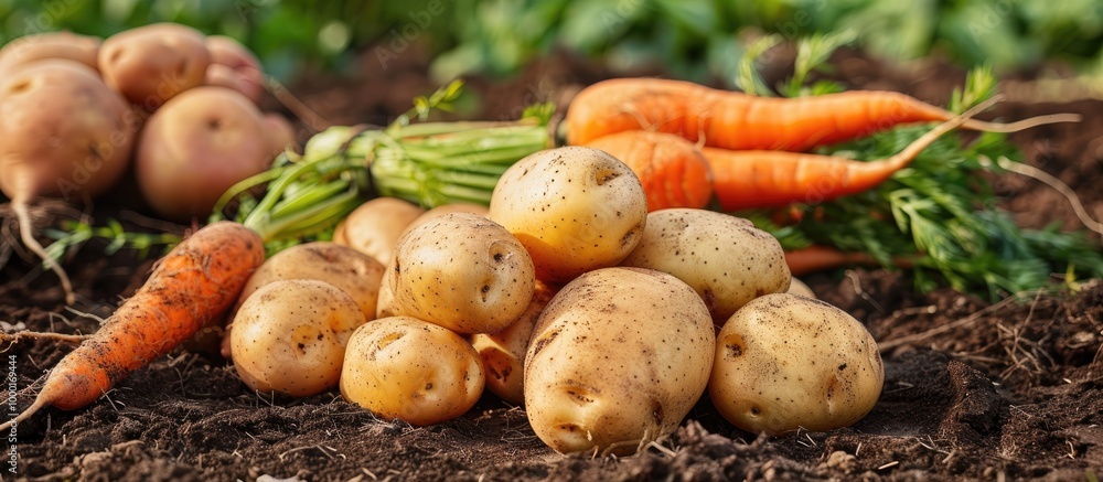 Heap Of Raw Potatoes And Carrots Harvesting On A Garden Table Background Heap Of Raw Potatoes And Carrots Harvesting On A Garden Table Background