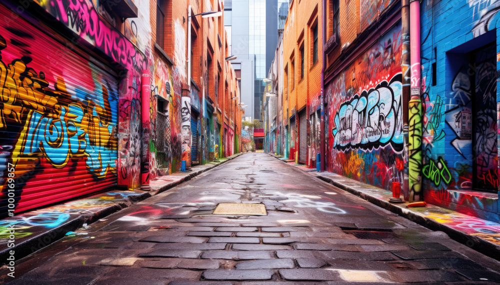 Fototapeta premium Narrow street in the city, full of colorful painted murals and graffiti