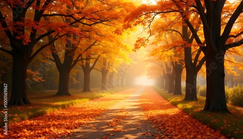 A misty autumn forest path with golden light and fallen leaves