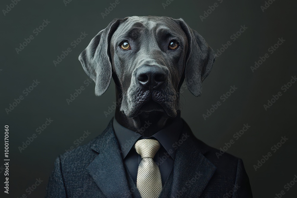 A refined dog wearing a suit and tie, exuding elegance and professionalism in a unique artistic portrait. A refined dog wearing a suit and tie, exuding elegance and professionalism in a unique artistic portrait.