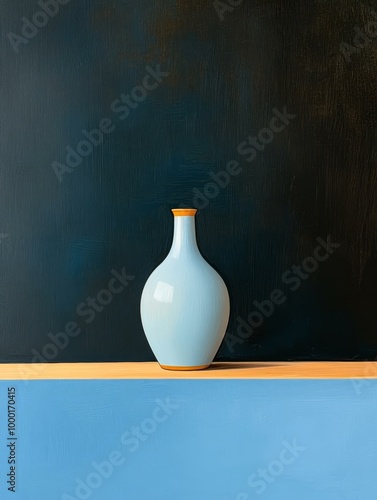 A single blue vase with a gold rim stands on a minimalist shelf against a dark blue background, symbolizing simplicity, elegance, balance, and serenity.