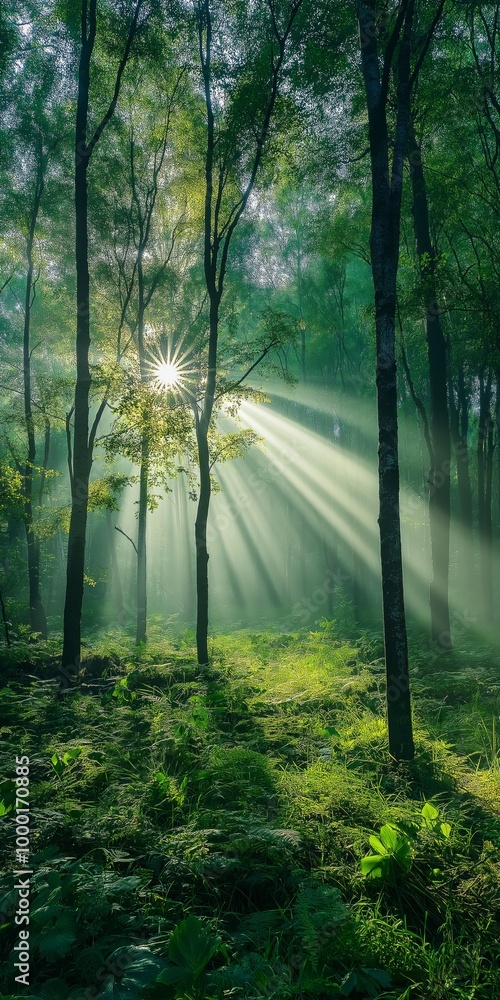 Obraz premium A forest with a sun shining through the trees. The sun is casting a warm glow on the forest floor