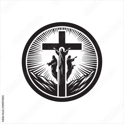 Jesus on the cross, circular design with radiant light, religious symbol of faith and salvation silhouette vector illustration