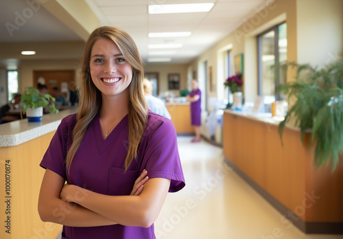 Free Download Smiling redhead nurse wearing purple scrubs in a bright and inviting hospital hallway - GFXLoad
