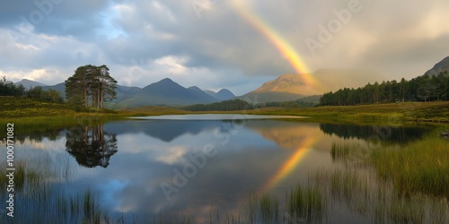 A rainbow is seen over a lake with a tree in the foreground. The sky is cloudy and the water is calm