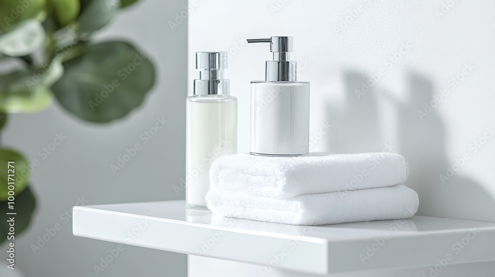 A sleek and minimalist contemporary bathroom shelf with two white soap dispensers and two folded white towels. The shelf is clean and inviting, showcasing a simple and elegant bathroom design. A sleek and minimalist contemporary bathroom shelf with two white soap dispensers and two folded white towels. The shelf is clean and inviting, showcasing a simple and elegant bathroom design.