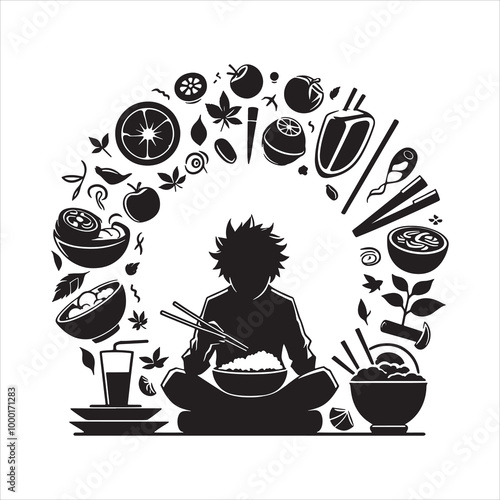 Food circle with ramen, sushi, and other culinary elements in a meditation-themed silhouette vector design