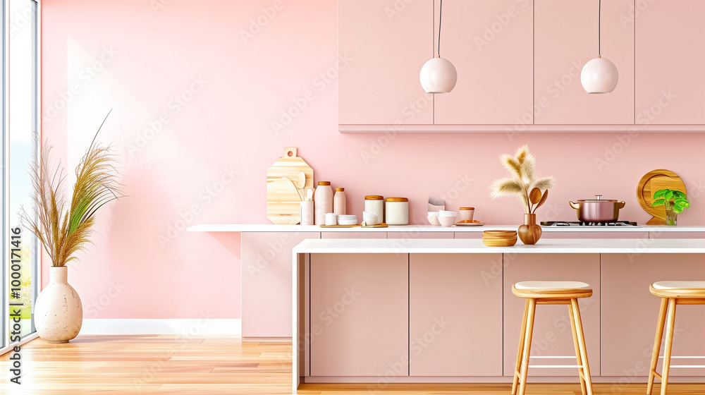 Obraz premium Modern kitchen interior design with stylish decor and vibrant colors showing an inviting cooking space