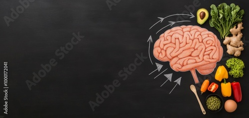 An artistic arrangement of a brain made from vegetables on a black chalkboard background, symbolizing the connection between nutrition and mental health. photo