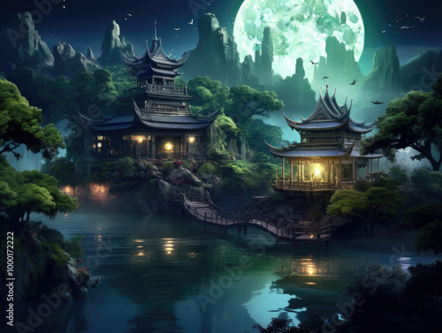 A bright, full moon casts its gentle glow over a serene temple that is nestled deep within a lush, green forest, creating a tranquil scene