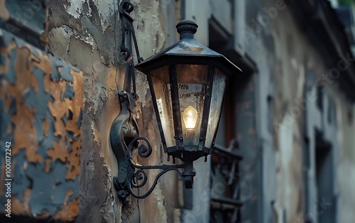 Vintage street lamp on the wall of a house in the evening