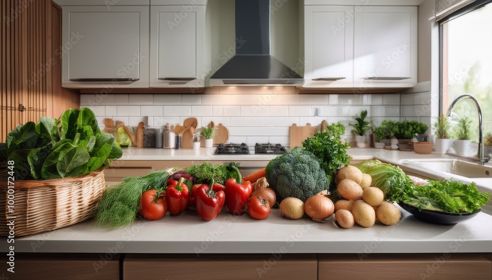 Contemporary kitchen front view, fresh vegetables just bought in a supermarket and put on a kitchen countertop, ready for cooking Contemporary kitchen front view, fresh vegetables just bought in a supermarket and put on a kitchen countertop, ready for cooking