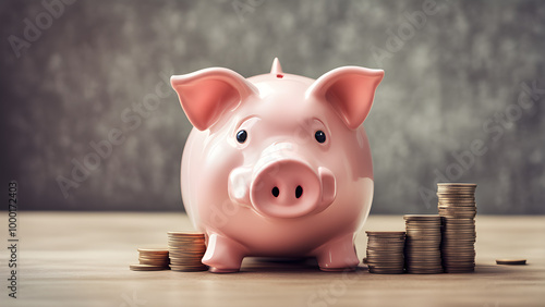 Concepts of saving money and financial planning. piggy bank on wood table, income, return, retirement, compensation fund, investment, dividend tax. Generative Ai.