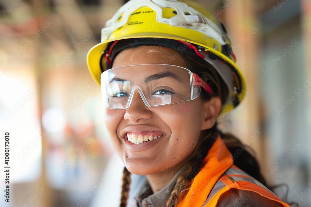 Captured on the work site, an Indigenous female construction worker dons PPE and wears a bright smile. , background blur Captured on the work site, an Indigenous female construction worker dons PPE and wears a bright smile. , background blur