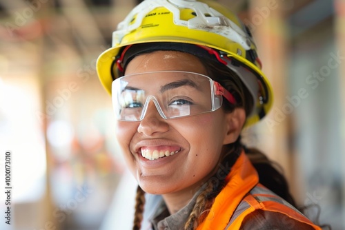 Captured on the work site, an Indigenous female construction worker dons PPE and wears a bright smile. , background blur